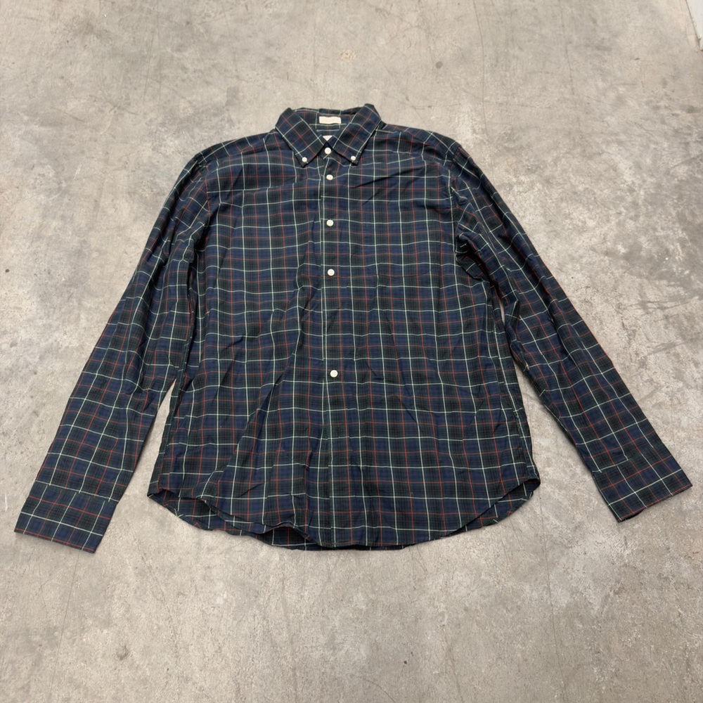 J. Crew Men's Navy and Green Plaid Button-Down Shirt